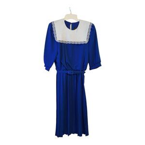 Vintage Breli Dress Women 16 Blue Belted Pleated Linen Collar Secretary Midi USA